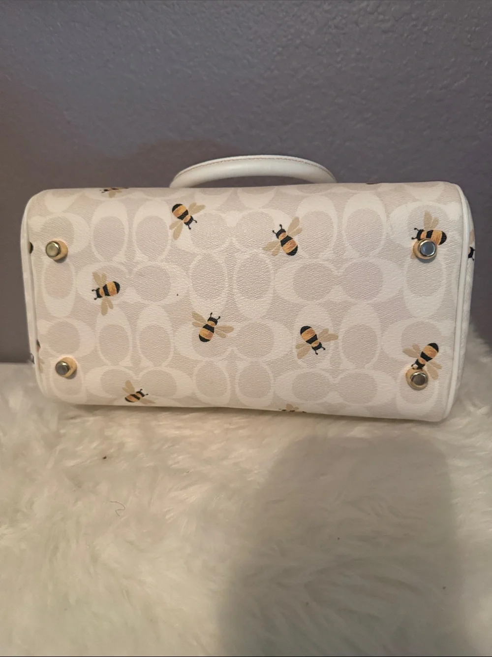 Coach White Bee Print Satchel with Gold Hardware